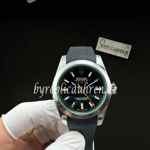 Replica Uhr im Stil der Rolex Milgauss 116400GV – 40mm Automatik, Schwarzes Zifferblatt, Grünes Saphirglas, Kautschukarmband