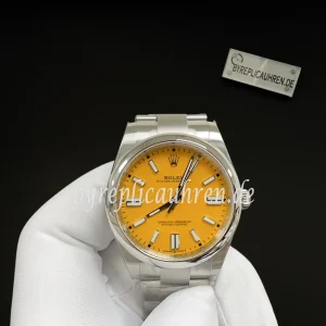 Replica Oyster Perpetual Date 41 mit gelbem Zifferblatt – Automatik Uhr aus Edelstahl