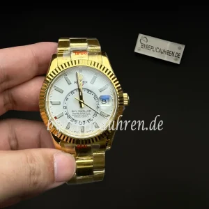 Replica Sky-Dweller Style Uhr 42 mm – Weißes Zifferblatt · Dual Time · Automatik · Goldfarbener Edelstahl
